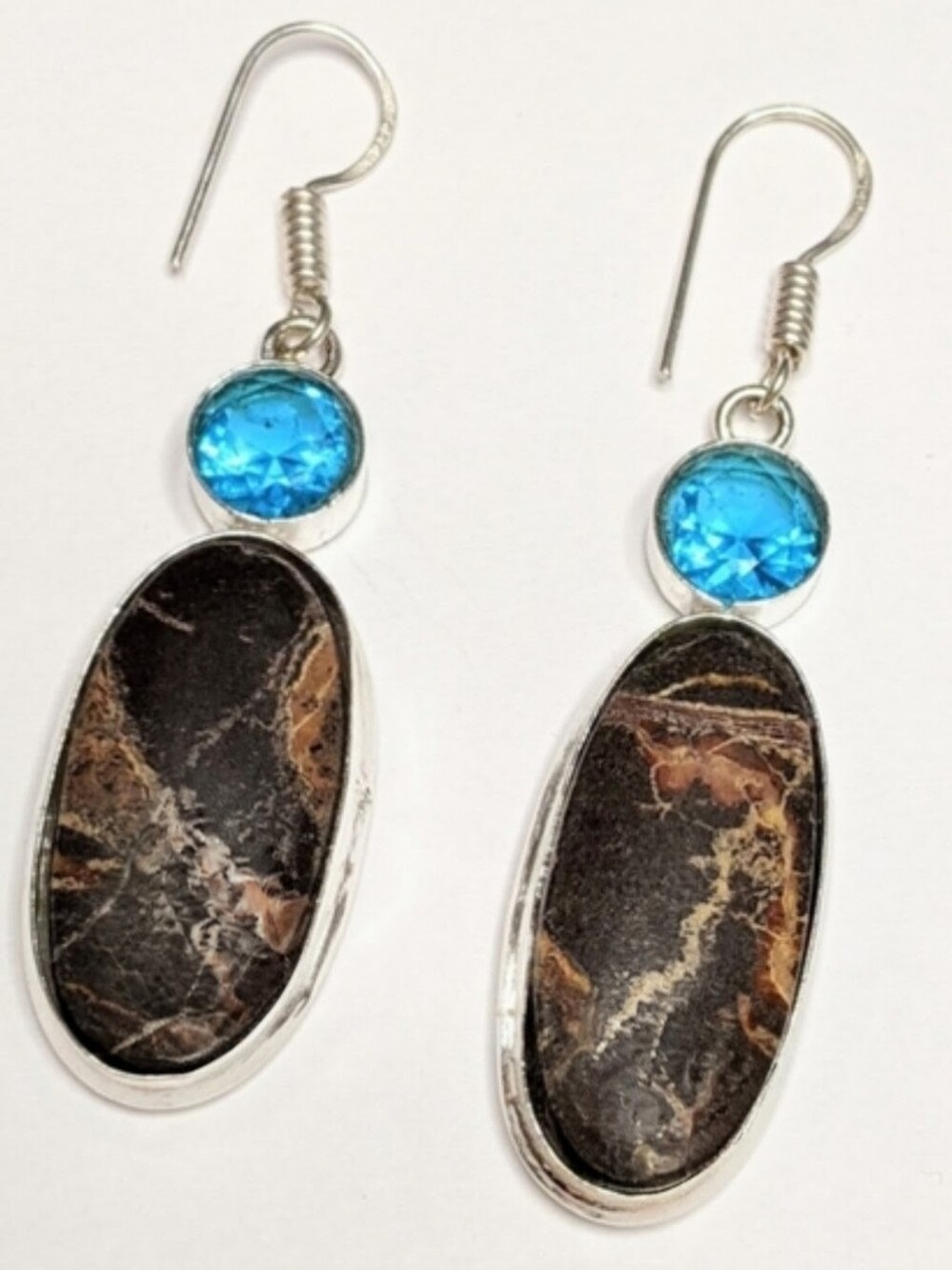 Cappuccino Jasper, Swiss Blue Topaz Gemstone 925 Sterling Silver Dangle Earrings